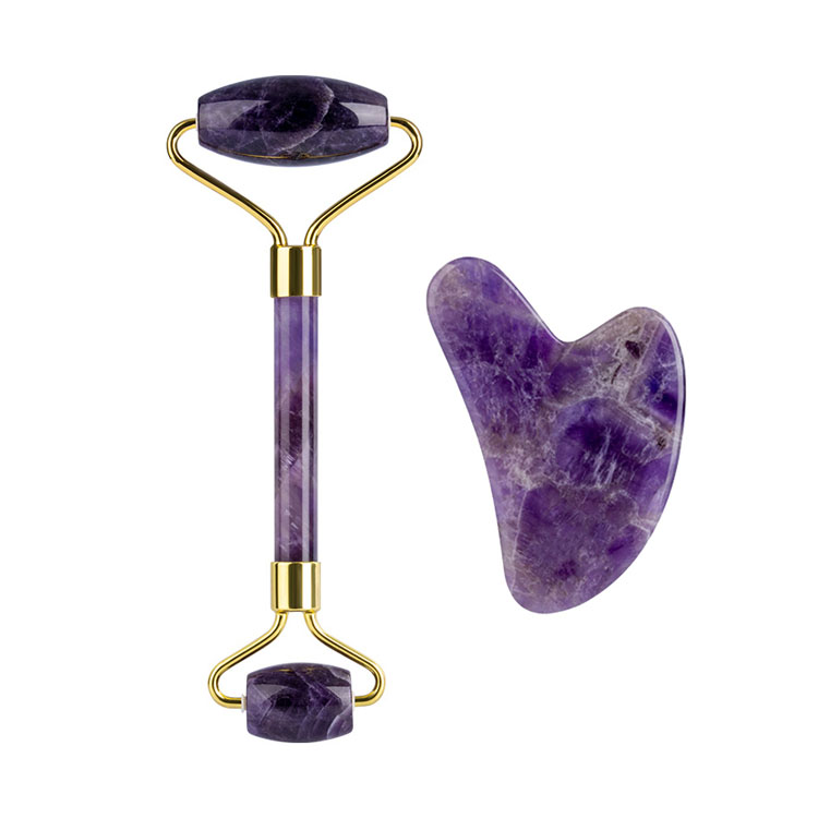  Amazon Hot Sell Gemstone Facial Massage Tools Purple Amethyst Jade Roller Gua Sha Set  