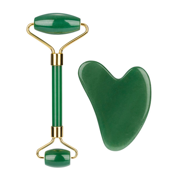 Rouleau de jade d'outil de beauté de massage facial anti-vieillissement d'aventurine verte d'OEM et ensemble de Gua Sha  