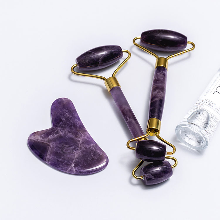  Amazon Hot Sell Gemstone Facial Massage Tools Purple Amethyst Jade Roller Gua Sha Set  