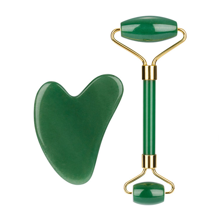 Rouleau de jade d'outil de beauté de massage facial anti-vieillissement d'aventurine verte d'OEM et ensemble de Gua Sha  
