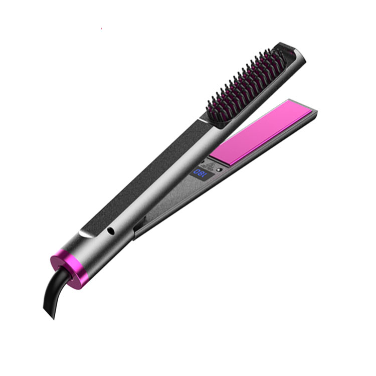 Custom 3 In 1 Mini Hair Straightener Comb And Brush Lcd Display Ceramic Panel Flat Iron  