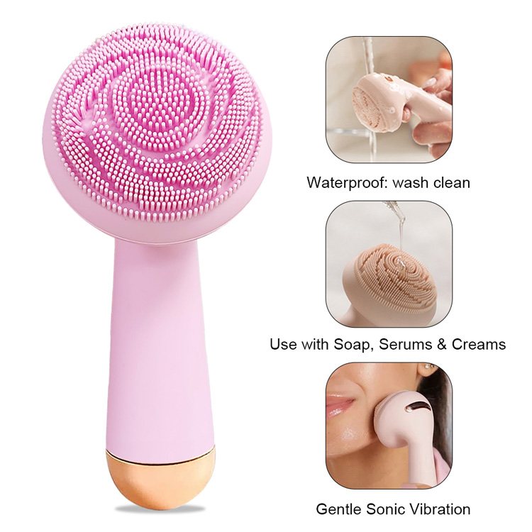  Escova de limpeza facial rosa instrumento de limpeza facial de silicone escova de rosto vibratória  